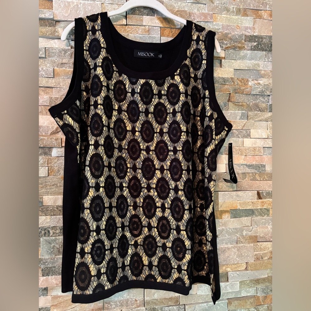 Misook Black and Gold Patterned Tank Top